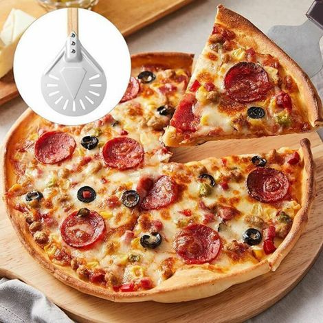 Pelle à pizza perforée en aluminium anodisé 7 pouces, manche en bois 40 cm, réduit friction pour cuisson uniforme (1/5)