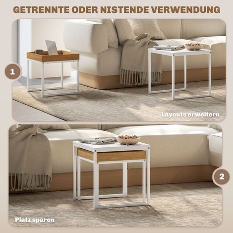 Table basse design blanc, lot de 2 tables d'appoint carrées, MDF et métal, pour petits espaces. (1/4)