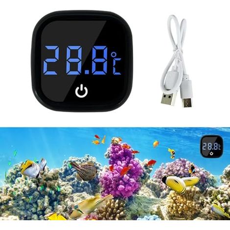Thermomètre numérique pour aquarium - Mini thermomètre d'aquarium avec affichage LED - Écran tactile adhésif - Thermomètre à eau ± 1 °C (rechargeable/0 °C à 60 °C) (1/5)