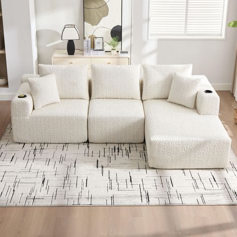 Canapé d'angle moderne 3 places en mousse à mémoire de forme avec porte-gobelet et poche, canapé sans joint avec méridienne en L, aucun montage requis – Dimensions : 261 × 165 × 80,5 cm