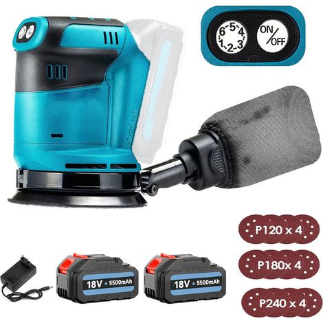 125-mm-Akku-Elektro-Exzenterschleifer, bürstenlos, 6 Geschwindigkeiten, schnell anzubringender Staubbeutel und 12 Scheiben, mit 2 Akkus und 5,5-A-Ladegerät, kompatibel mit Makita-Akku