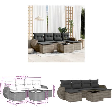7-tlg. Garten-Sofagarnitur mit Kissen Grau Poly Rattan - Gartenmöbel Set - PE-Rattan Möbel - Outdoor Lounge - Garten Sofa - Esstisch Set - Home & Living (1/3)