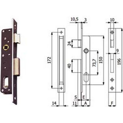 1PZ SERRATURE DA INFILARE PER MONTANTI CATENACCIO E SCROCCO 350 - mm.15 interasse mm.73.7 (350)