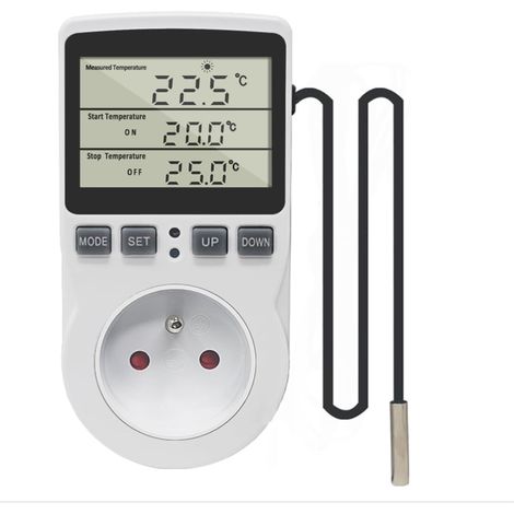 Prise Thermostat Regulateur de Temperature Numerique 220V Chauffage Refroidissement avec Sonde, LCD Prise Contrôleur de Température pour Frigo Incubateur Serre Ventilateur