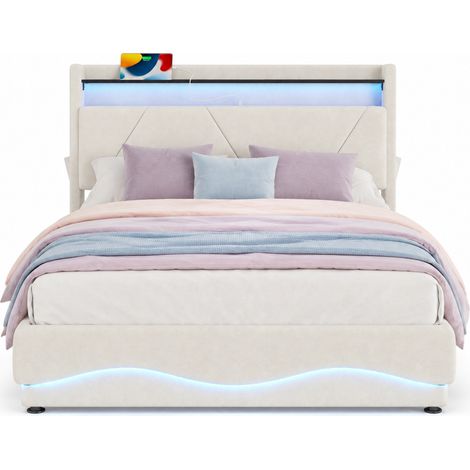 Lit coffre 140 x 200 cm en velours beige avec tête de lit à étagère, LED, rangements, poches latérales, USB Type-C, sommier à gaz silencieux – CHICFURN (1/5)
