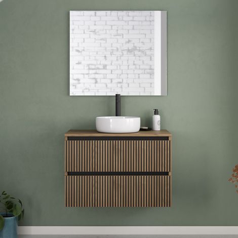 Meuble de salle de bain 80cm avec plateau et vasque à poser ronde - 2 tiroirs - noyer (bois foncé) - VENERIA