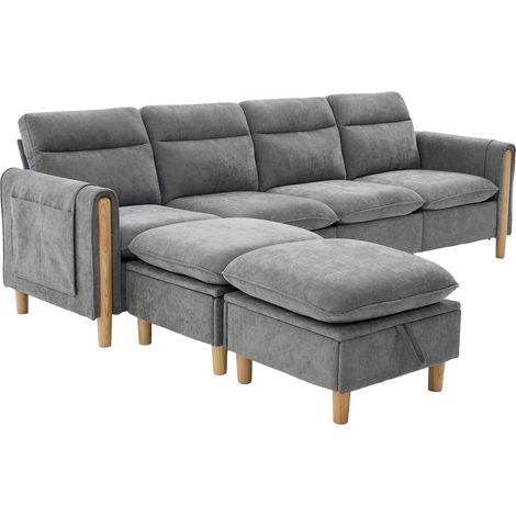 Divano modulare a U a 4 posti in ciniglia grigio chiaro con 2 pouf contenitore e gambe in legno (1/5)
