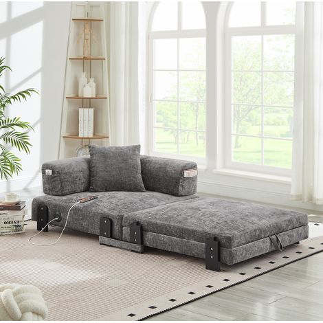 Klappbares Schlafsofa Dunkelgrau Stoff mit USB, Type-C, Stauraum und Kissen (1/5)