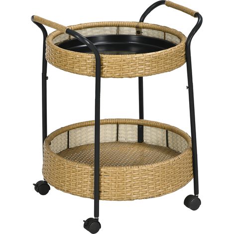 Chariot de service rond en résine tressée jaune, 2 niveaux, Ø50 x 66 cm, avec poignées et roulettes freinées, pour intérieur et extérieur - CHICFURN (1/5)
