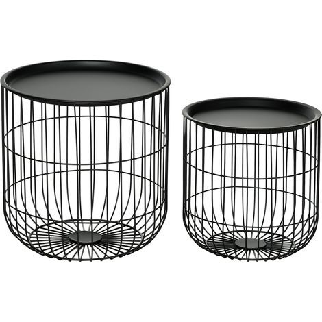 Ensemble de 2 tables d'appoint de style scandinave, avec espace de rangement, empilables, noires (1/5)