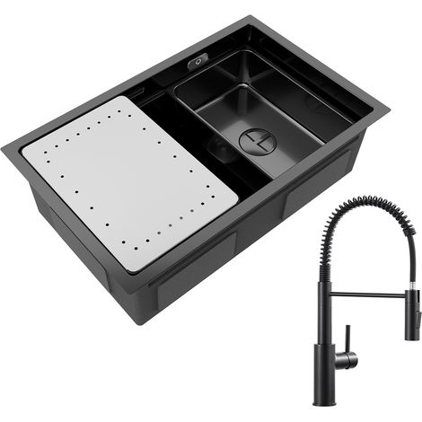 Cecipa Lavello Cucina 1 Vasca 70×44 cm con Gocciolatoio e Vaschetta Lavello Incasso Inox Antracite + Miscelatore Cucina Spring con Doccetta Estraibile, Rubinetto Lavello 2 Modalità Uscita Acqua, Nero (1/5)