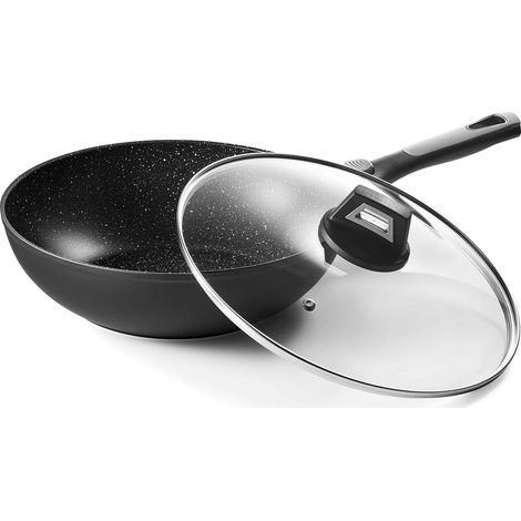 Wok 28 cm - Aluminium Forgé - Revêtement Façon Pierre - Couvercle en Verre - Épaisseur 2,5/4,0 mm - Compatible Tous Feux dont Induction, Lavable au Lave-Vaisselle (1/5)