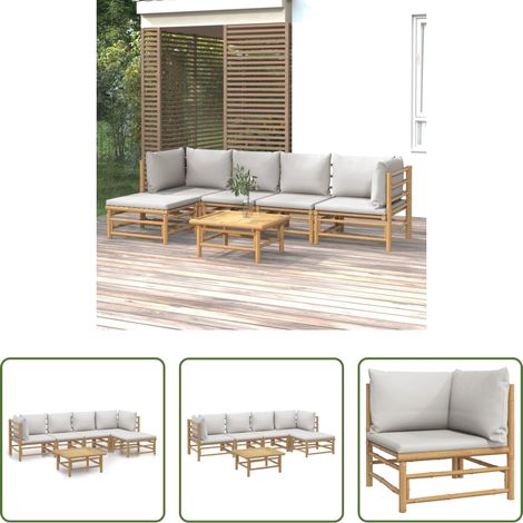 Bambusmöbel -  6-tlg. Garten-Lounge-Set mit Hellgrauen Kissen Bambus (1/5)