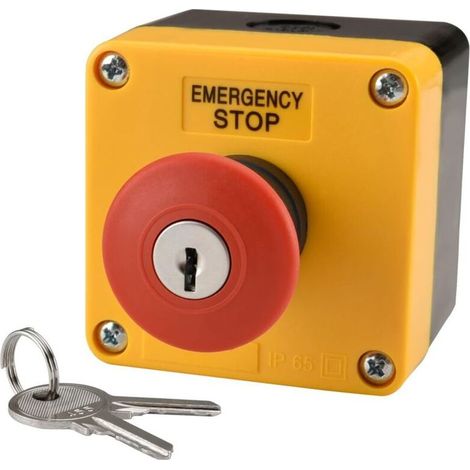 Weatherproof Emergency Stop Switch, Red Panel, Push Button, 660V, 10A, with Box and Key (1/5)