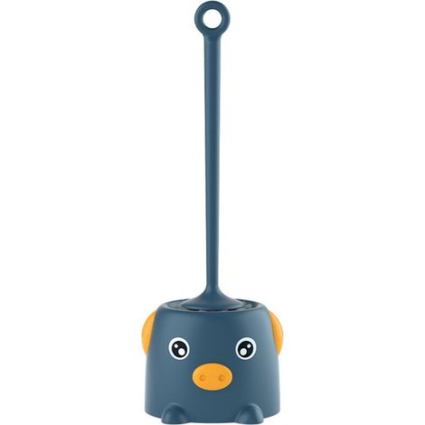 Brosse de toilette cochon mignon en dessin animé, poils doux, outil de nettoyage de toilette créatif avec support - Bleu-AquaForge