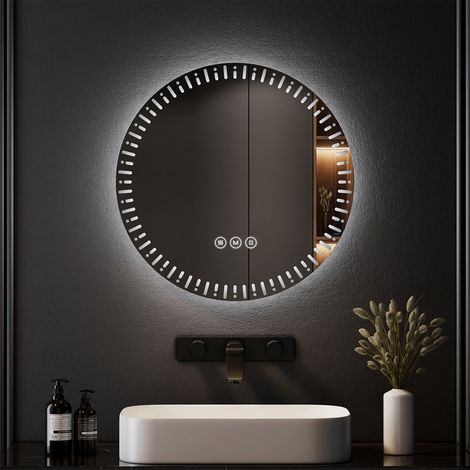 EMKE 60cm Round Bathroom LED Mirror with 3 Light Dimmable Colors Illuminated Circle Mirror with Demister (1/5)