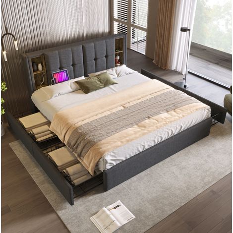 Cama doble 160x200 cm gris de lino con carga inalámbrica, USB y 4 cajones (1/5)