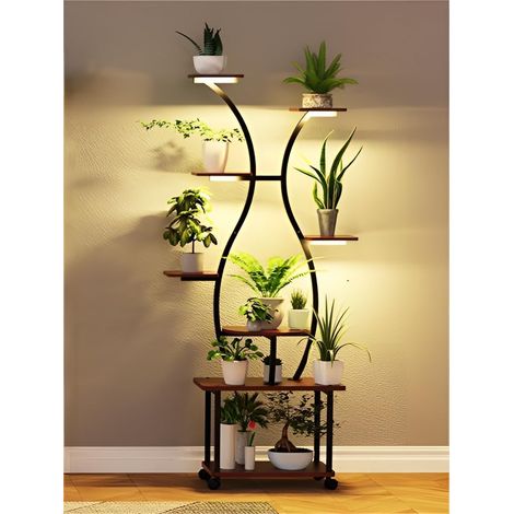 Support pour plantes avec lumière à spectre complet - 8 niveaux - 155 cm - En métal et bois - Escalier décoratif pour l'intérieur et l'extérieur, balcon et jardin (avec roulettes) (1/5)