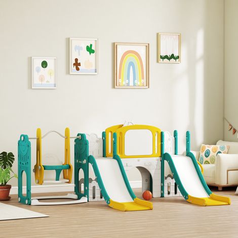 Set 9 in 1 con scivolo e altalena per bambini, con canestro da basket, telescopio, lavagna, design a rana, giallo+verde (1/5)