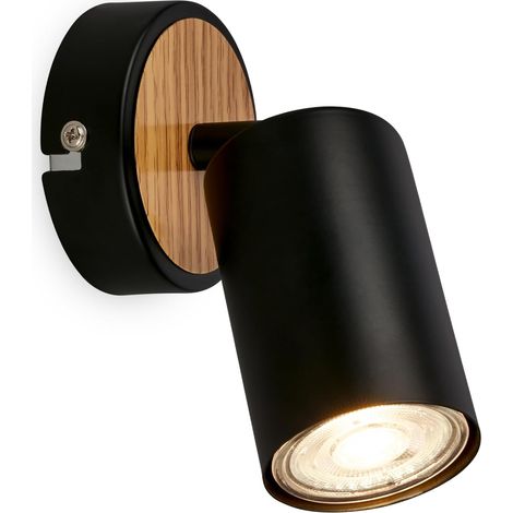 1 Applique murale pivotante, Douille GU10, Max 9W, Métal et bois, Noir, Intérieur