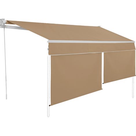 Idmarket – Store banne manuel 4x3 m taupe – Toile 100% polyester 240 gr/m² – Lambrequins verticaux 150 cm – Bras en aluminium