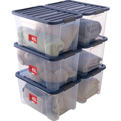 boîte de rangement plastique avec couvercle 45L, lot de 6, Transparent/Bleu (1/5)