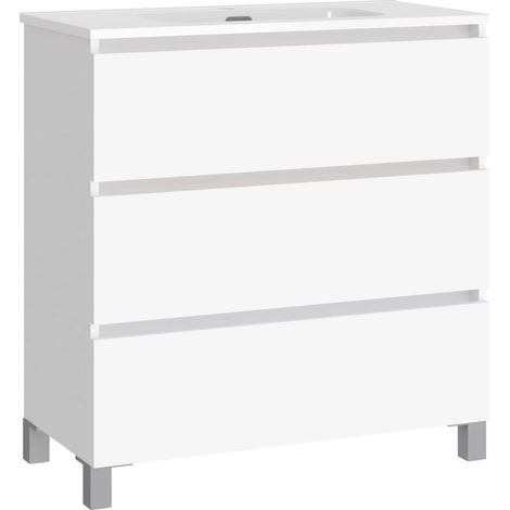 Ensemble de Salle de Bain Natura. Meuble de Salle de Bain à Fond réduit, avec lavabo en céramique. Distribution Trois tiroirs. Meuble monté. Trois tiroirs sans Miroir. Fond 36 cm 80 cm Blanc (1/5)