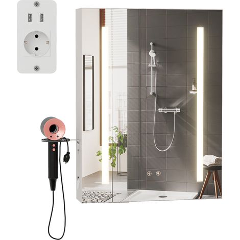 MIROIR LUMINEUX DE SALLE DE BAIN MURALE LED 60 X15X80CM ÉCLAIRAGE TRICOLORE FONCTION DÉSEMBUAGE SUPPORT POUR SÉCHE-CHEVEUX (1/5)