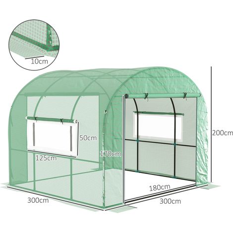 Serre tunnel de 3 x 3 x 2 m en acier et polyéthylène résistant aux UV (pour la culture de légumes, avec volets roulants et fenêtres), verte (1/5)