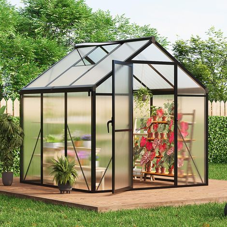 Serre polycarbonate 2,4x1,8 m, cadre alu 1mm, panneaux 4mm, porte articulée, 2 fenêtres ventilées, anti-UV pour jardin (1/5)