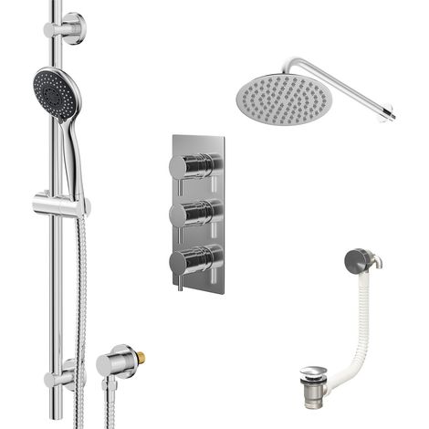Wholesale Domestic Circo Polished Chrome Concealed Triple Thermostatic Shower Valve with Diverter and 200mm Round Head with 345mm Wall Arm and Clyde Slide Rail Kit with Free-Flow Bath Filler - 3 Outle (1/5)