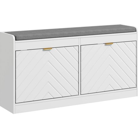 Banc à chaussures, banc de rangement, assise rembourrée, tiroir rabattable, porte avec motif 106 x 24 x 52,5 cm, blanc (1/5)