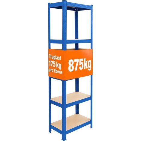 Relaxdays Schwerlastregal, HxBxT: 180 x 50 x 30 cm, 875 kg, 5 Ebenen, Lagerregal Keller, zum Stecken, blau/braun (1/5)