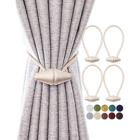 Lot de 4 Embrasses de Rideau Magnétiques, 40 cm, Tissu Beige, Aimant Renforcé, pour Intérieur et Extérieur