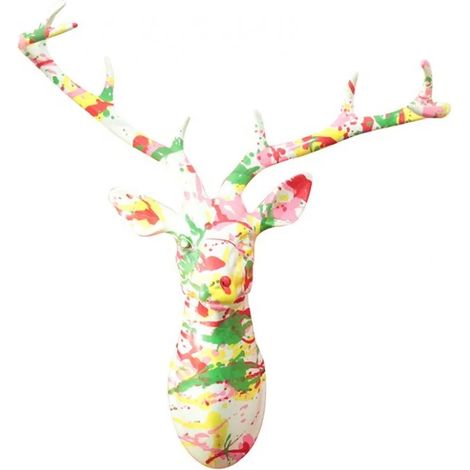 Sculpture murale tête de cerf blanche et peinture pastel - CERF (1/3)