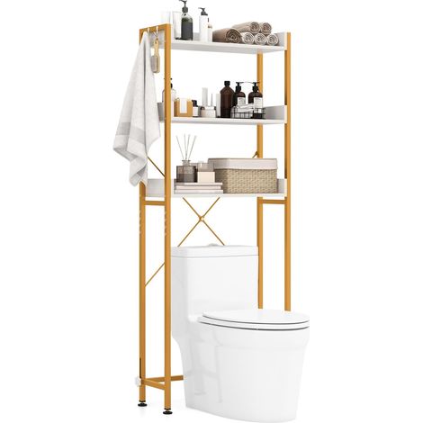 COSTWAY 3-stufiges Toilettenregal, Badregal platzsparend, Waschmaschinenregal mit 4 Haken & verstellbaren Füßen, Badezimmerregal für über die Toilette, WC-Regal für Badezimmer (Weiß) (1/5)