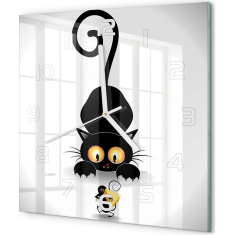 Horloge Murale Carrée en Verre Trempé Moderne Silencieuse Sans Tic-Tac Chat et souris 30x30 cm (1/5)