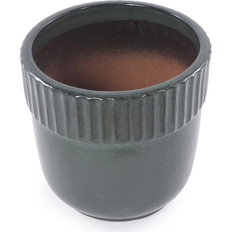 Maceta artesanal de cerámica verde oscuro Ø 38 cm con estrías y drenaje (1/5)