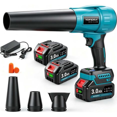 Souffleur de Feuilles sans Fil 300m/s, 3 Vitesses, 4 Buses Souffleur à Feuilles avec Turbocompresseur, 33 000 TR/Min,2 Batteries de 3000mAh, pour Jardin, Voiture, Terrasse et (1/5)