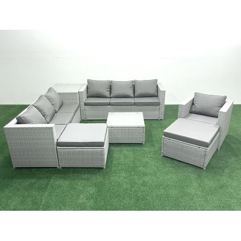 Fimous Polyrattan Sofa Gartenmöbel Set mit Sessel Quadratischer Couchtisch 2 hohen Hockern Beistelltisch Hellgrau gemischt (1/5)