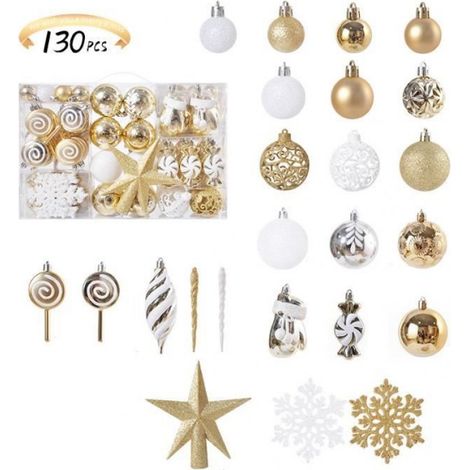 Boule de Noël - Or et Blanc - Lot de 130 - Plastique Incassable - Décoration Sapin - Ambiance de Noël (1/4)