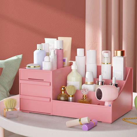 Boîte de rangement cosmétique de bureau, type tiroir, en plastique, pour maquillage et bijoux, rose (1/3)