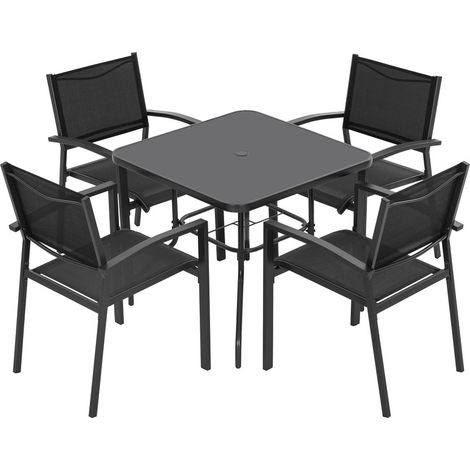 Garten-Essgruppe, Esstisch aus gehärtetem Glas und 4 stapelbare Gartenstühle (5er-Set)