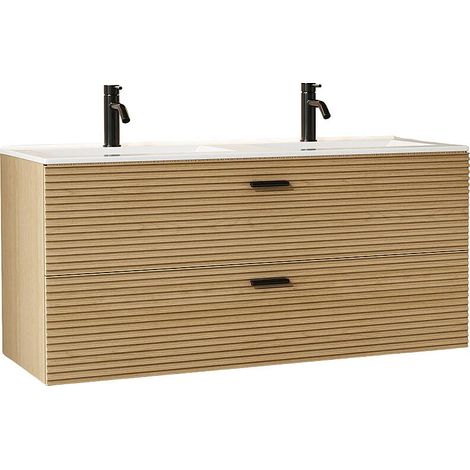 Mobile bagno sospeso scanalato con lavabo da incasso e rubinetto 2 cassetti Naturale chiaro 120 cm - SARONE (1/5)