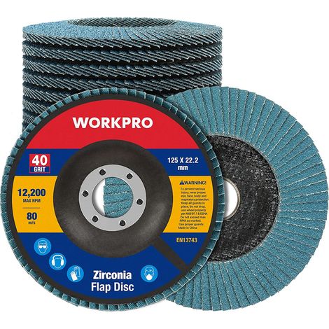 Workpro – Lot de 10 disques à lamelles 125 mm – Grain 40 – Pour ébavurage, rouille et polissage sur acier inoxydable et métal – Vitesse max 12 200 tr/min