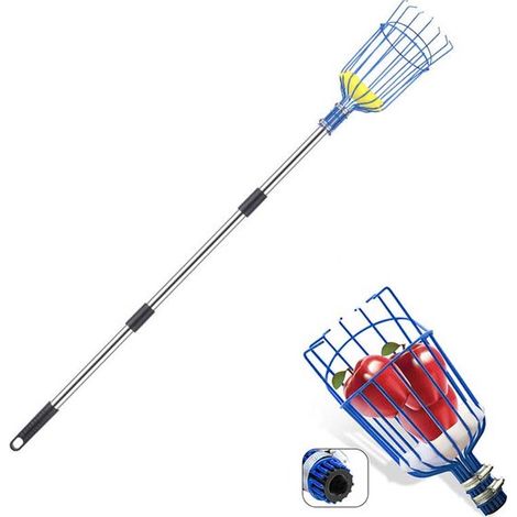 Recolector de fruta telescópico de acero inoxidable con mecanismo de manivela y cesta, mango de 4 metros, para naranjas, peras, limones y fruta de huerta - Azul (1/5)
