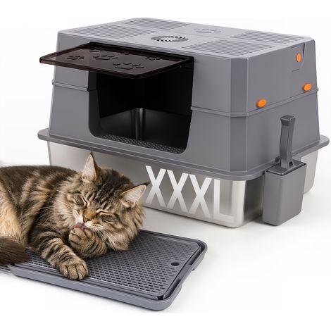 TolleTour XXL Edelstahl Katzentoilette 71 x 51 x 43 cm halboffen mit seitlichem Klappdeckel Grau Schwarz (1/5)