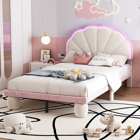 Polsterbett mit mehrfarbigen, wechselnden LED Lichtstreifen, Kopfteil mit Wellenschliff, mit gepolsterter runden Beine, Kinderbett mit Holzlatten, Einzelbett, Samt, Beige+Rosa, 90x200cm (1/5)