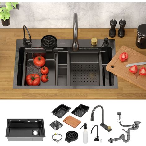 Ml-Design – Évier inox 75x46 cm anthracite – 1 bac avec robinet flexible et douchette extractible – 8 accessoires inclus – Insonorisé et trop-plein (1/5)