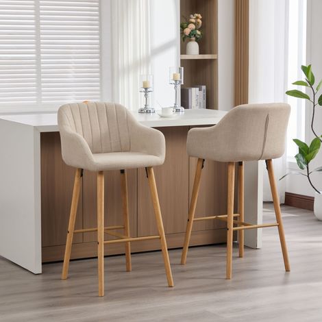 Set di 2 sgabelli da bar 55x58,5x104cm, sgabelli da bar con schienale alto e braccioli, gambe in metallo naturale, stile moderno e minimalista, bar per la famiglia, sala da pranzo, lino beige scuro